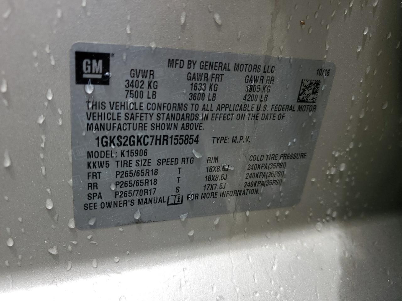 1GKS2GKC7HR155854 GMC YUKON 2017