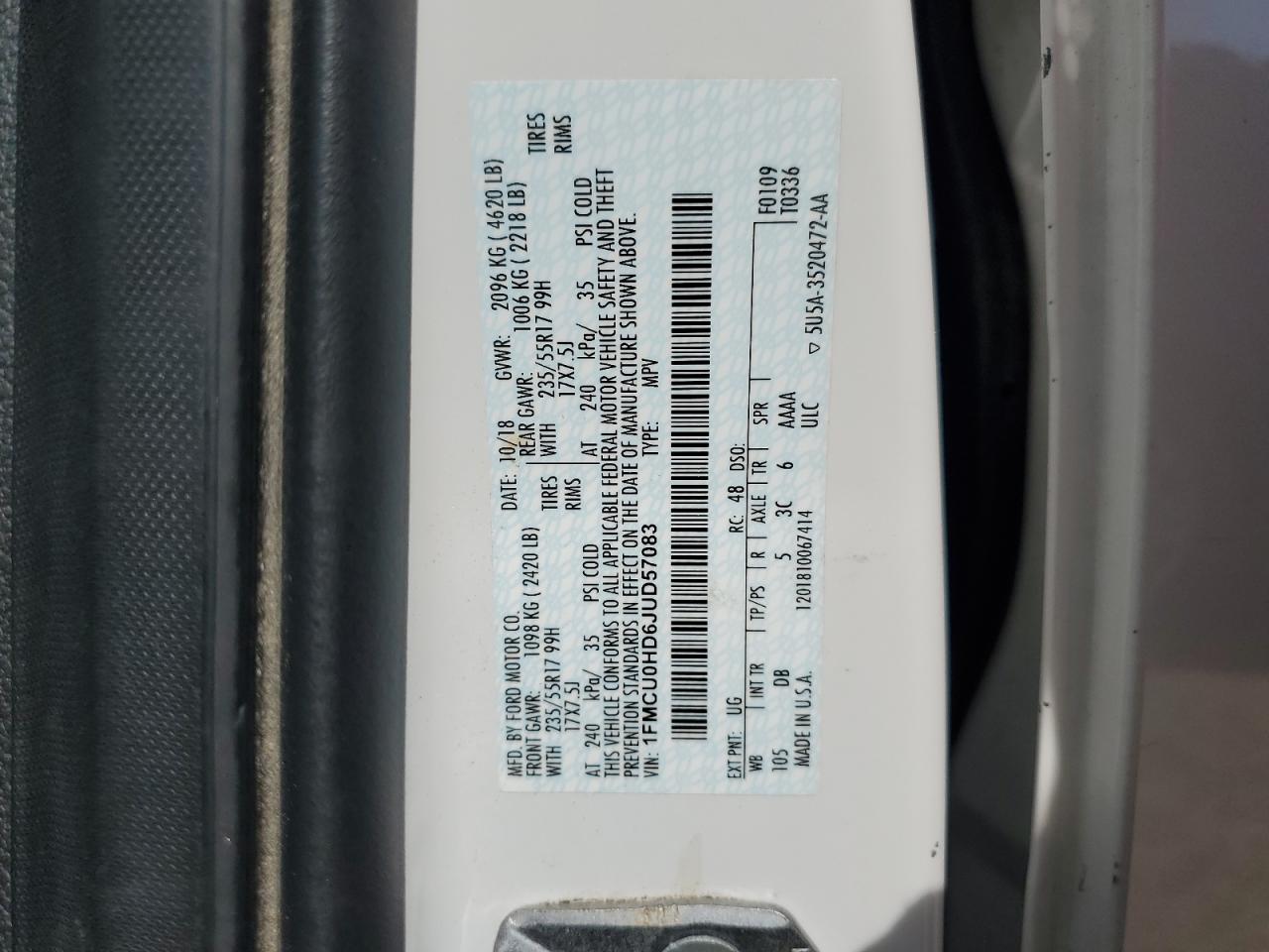 1FMCU0HD6JUD57083 FORD ESCAPE 2018