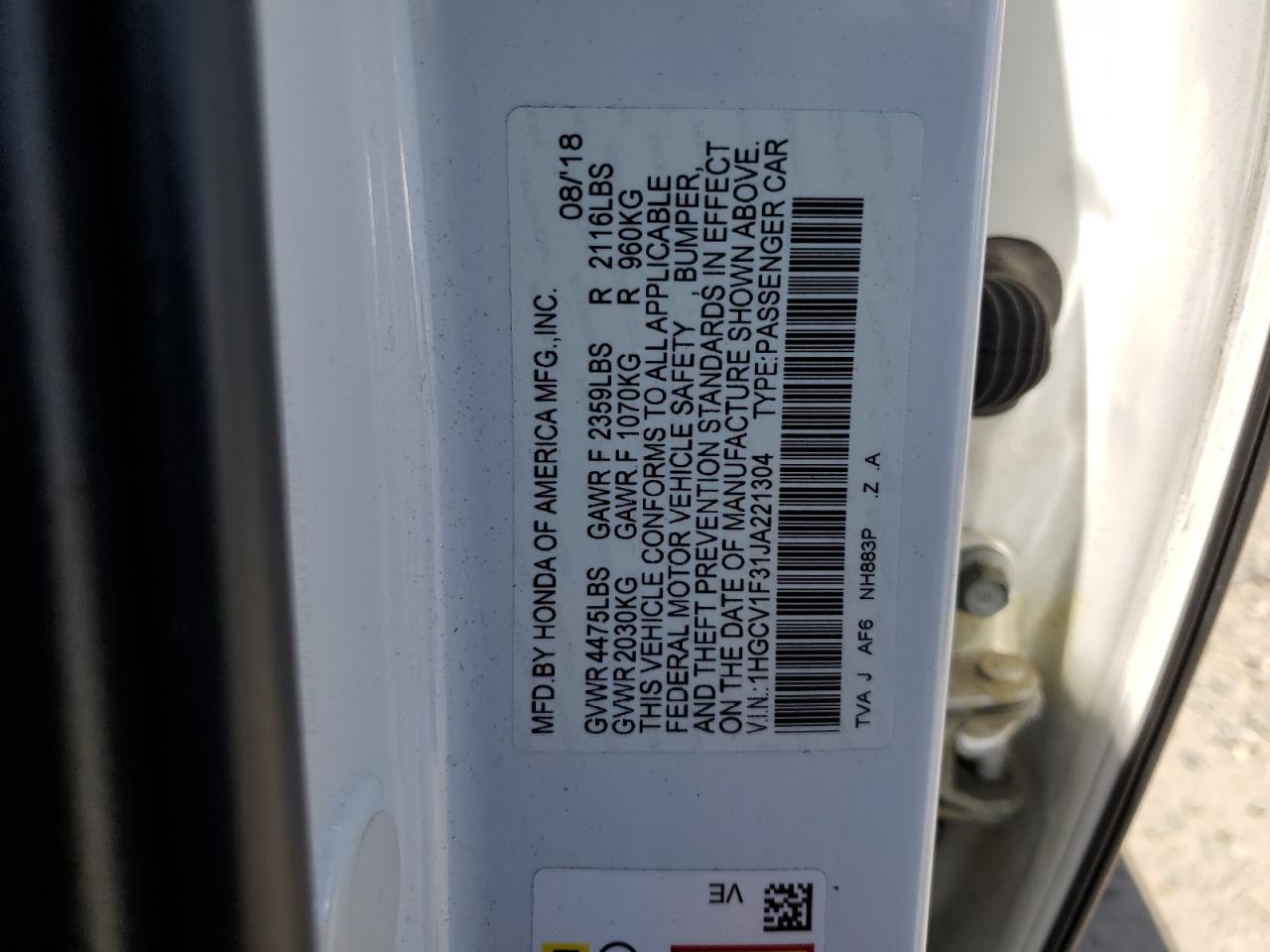 1HGCV1F31JA221304 HONDA ACCORD 2018