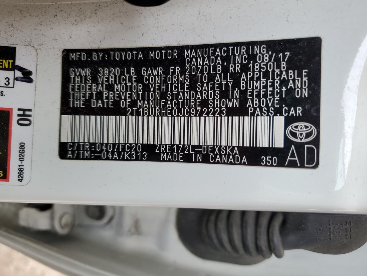 2T1BURHE0JC972223 TOYOTA COROLLA 2018