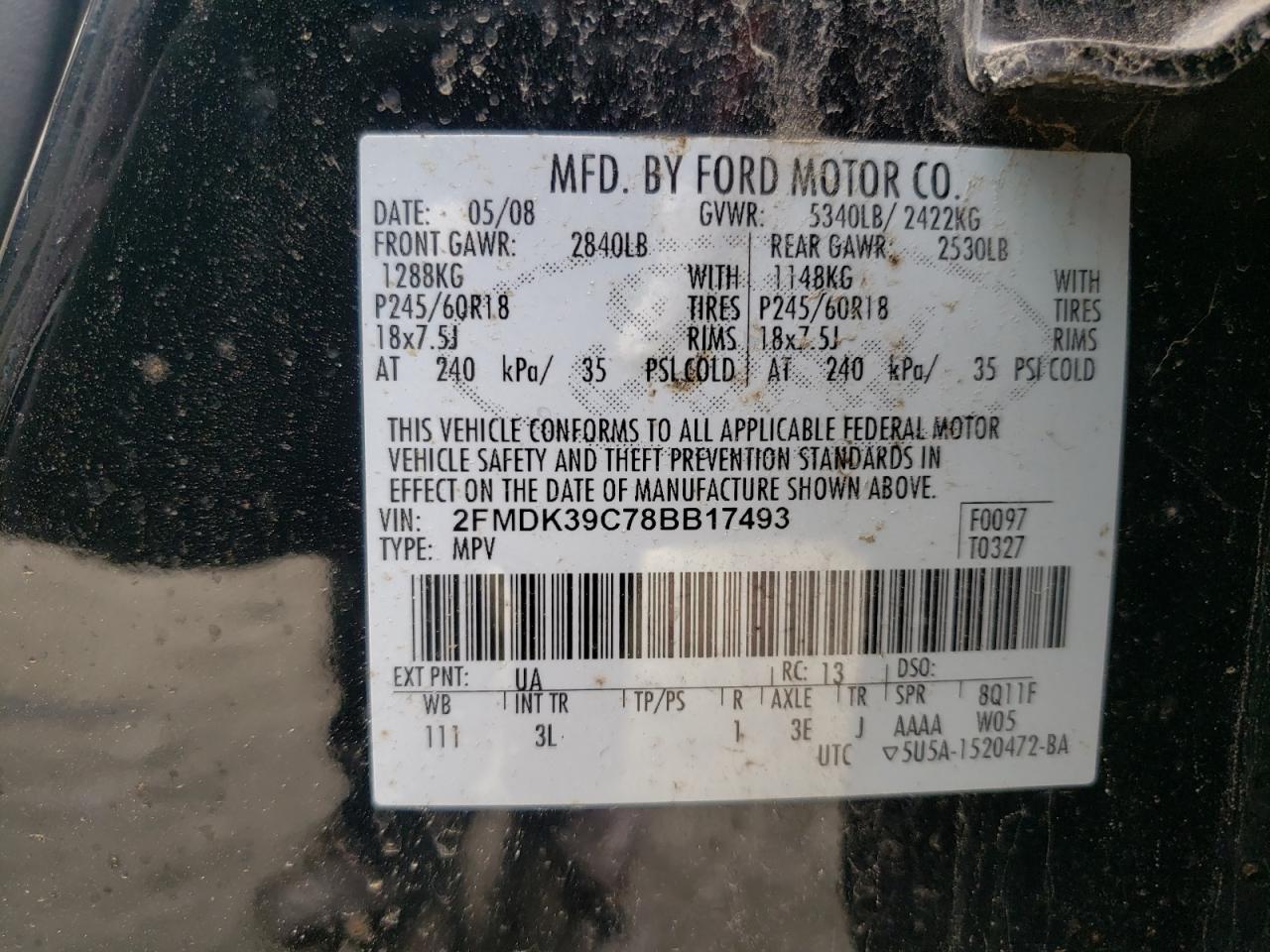 2008 Ford Edge Limited VIN: 2FMDK39C78BB17493 Lot: 51705125