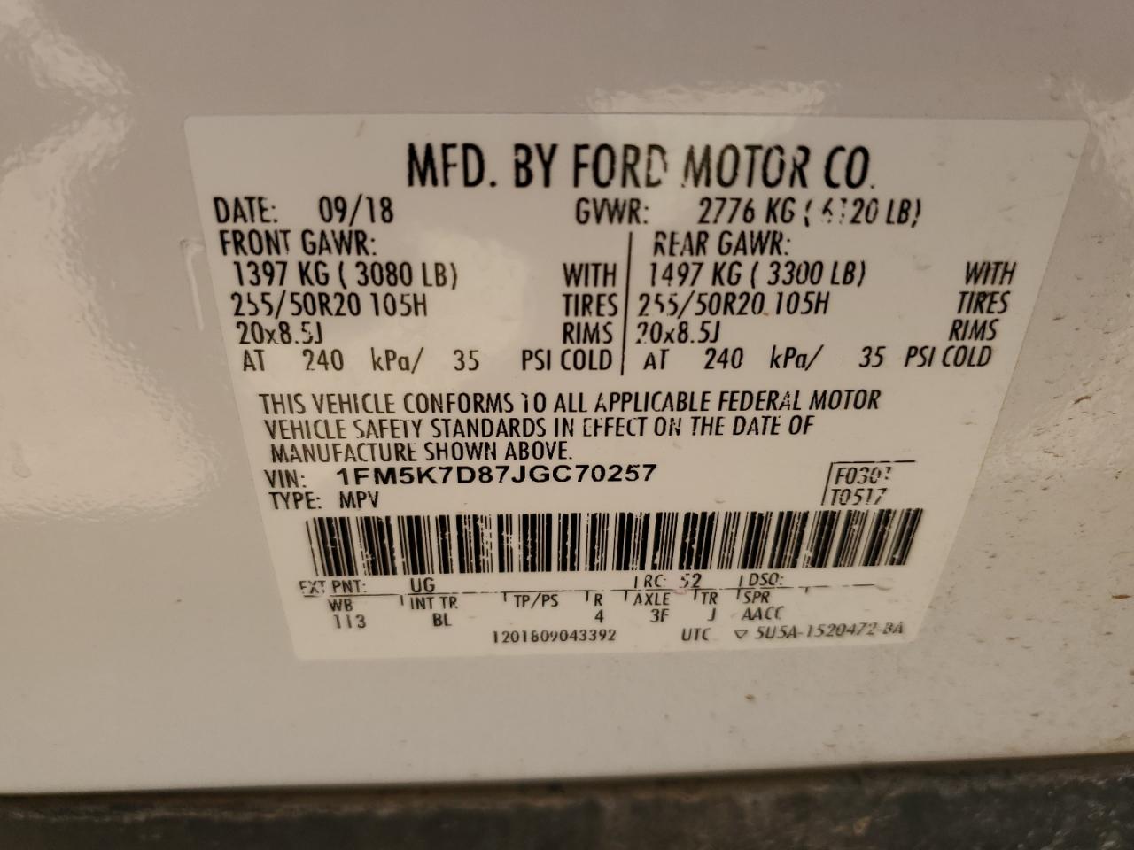 1FM5K7D87JGC70257 FORD EXPLORER 2018
