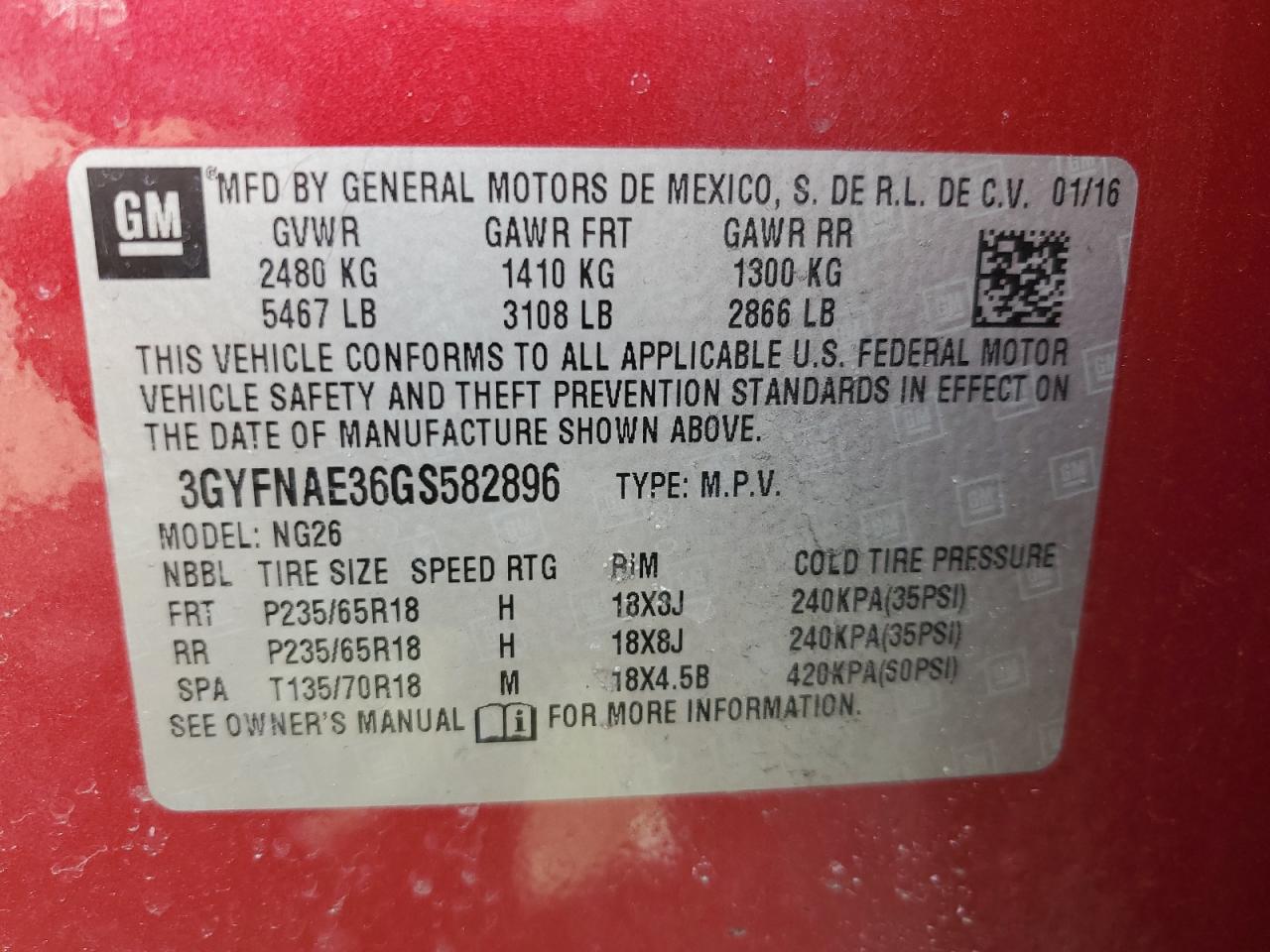 3GYFNAE36GS582896 CADILLAC SRX 2016