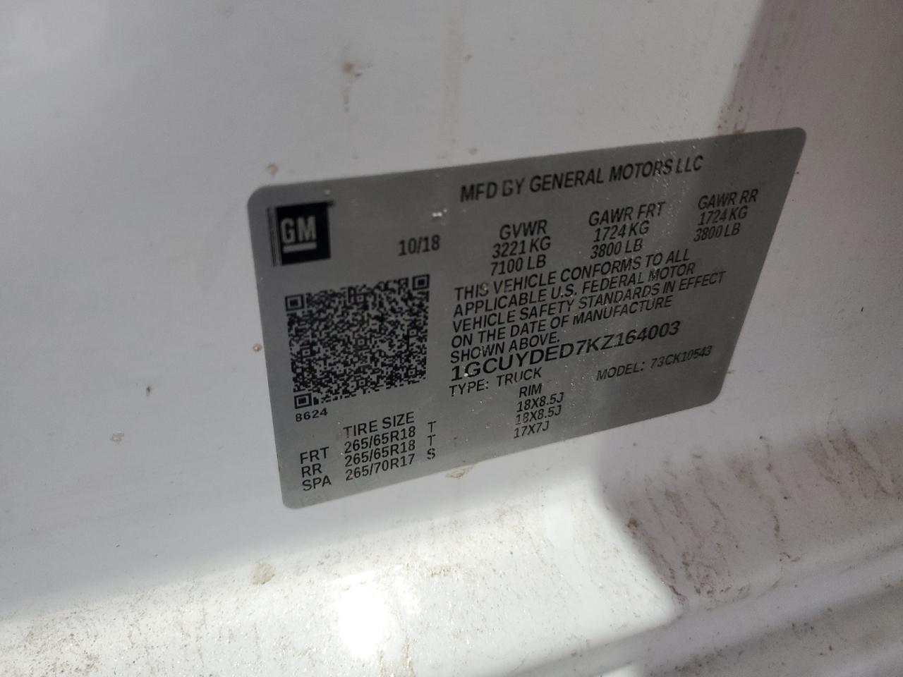1GCUYDED7KZ164003 CHEVROLET ALL Models 2019
