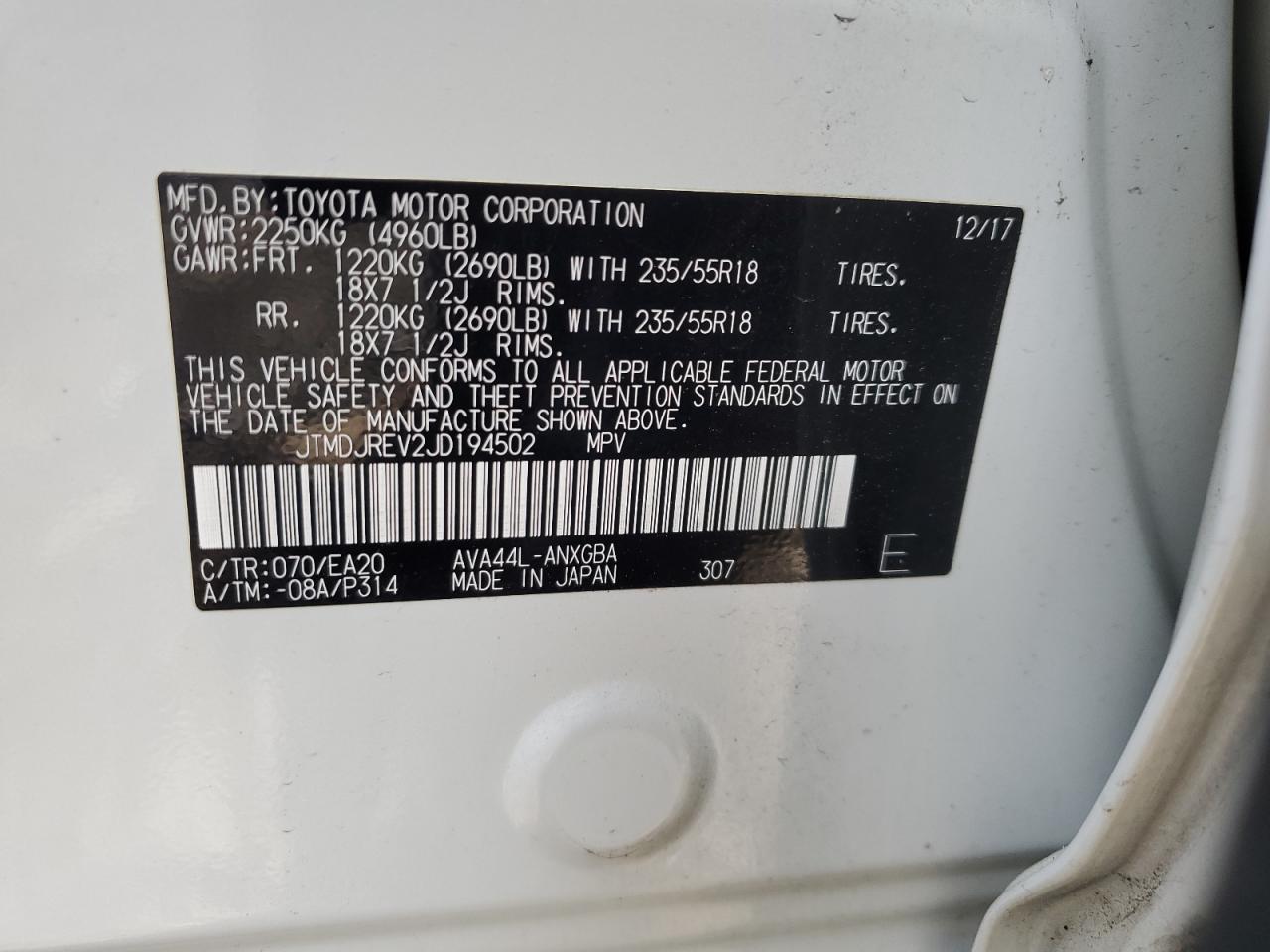 JTMDJREV2JD194502 TOYOTA RAV4 2018