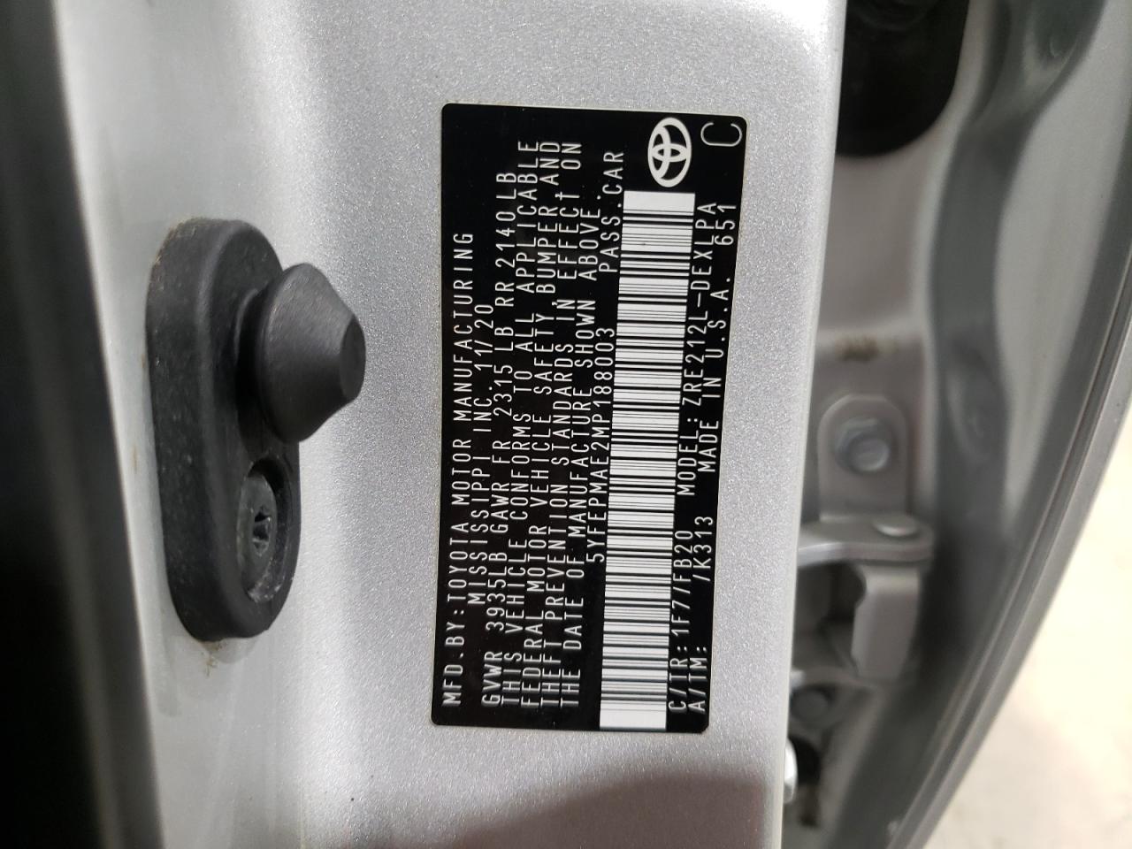 5yfepmae2mp188003 5YFEPMAE2MP188003 2021 Toyota Corolla Le