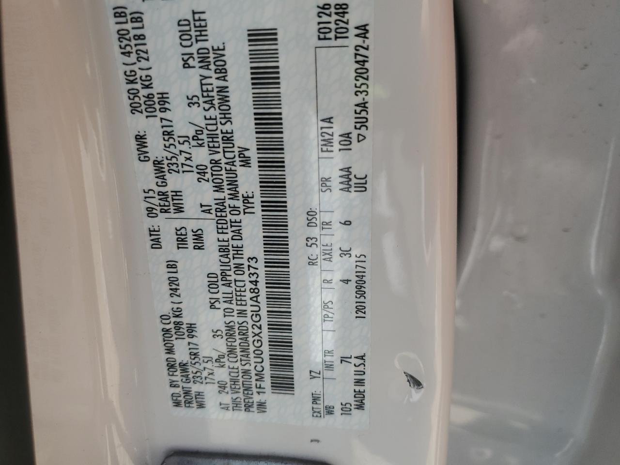 1FMCU0GX2GUA84373 FORD ESCAPE 2016
