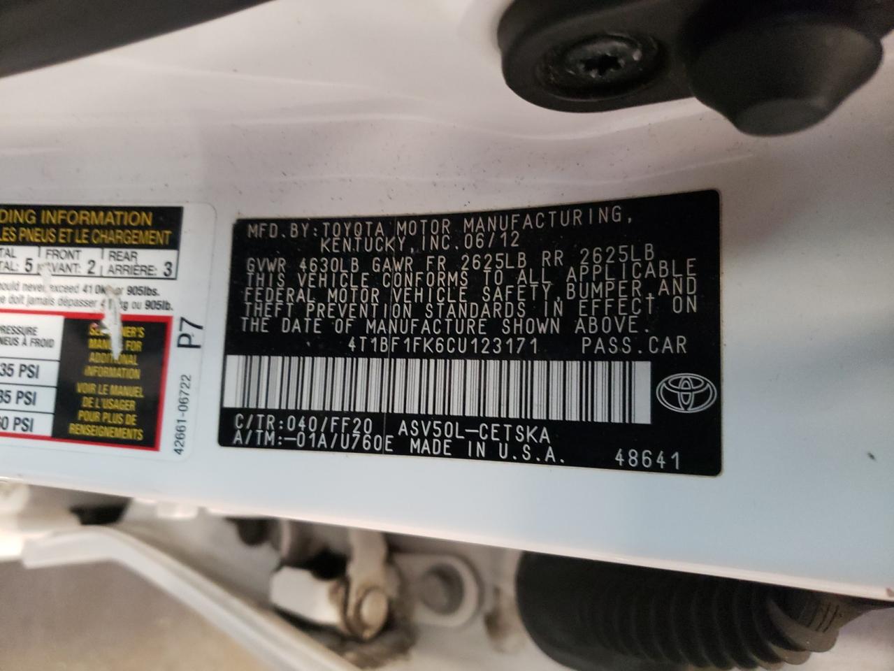 2012 Toyota Camry Base VIN: 4T1BF1FK6CU123171 Lot: 55205465