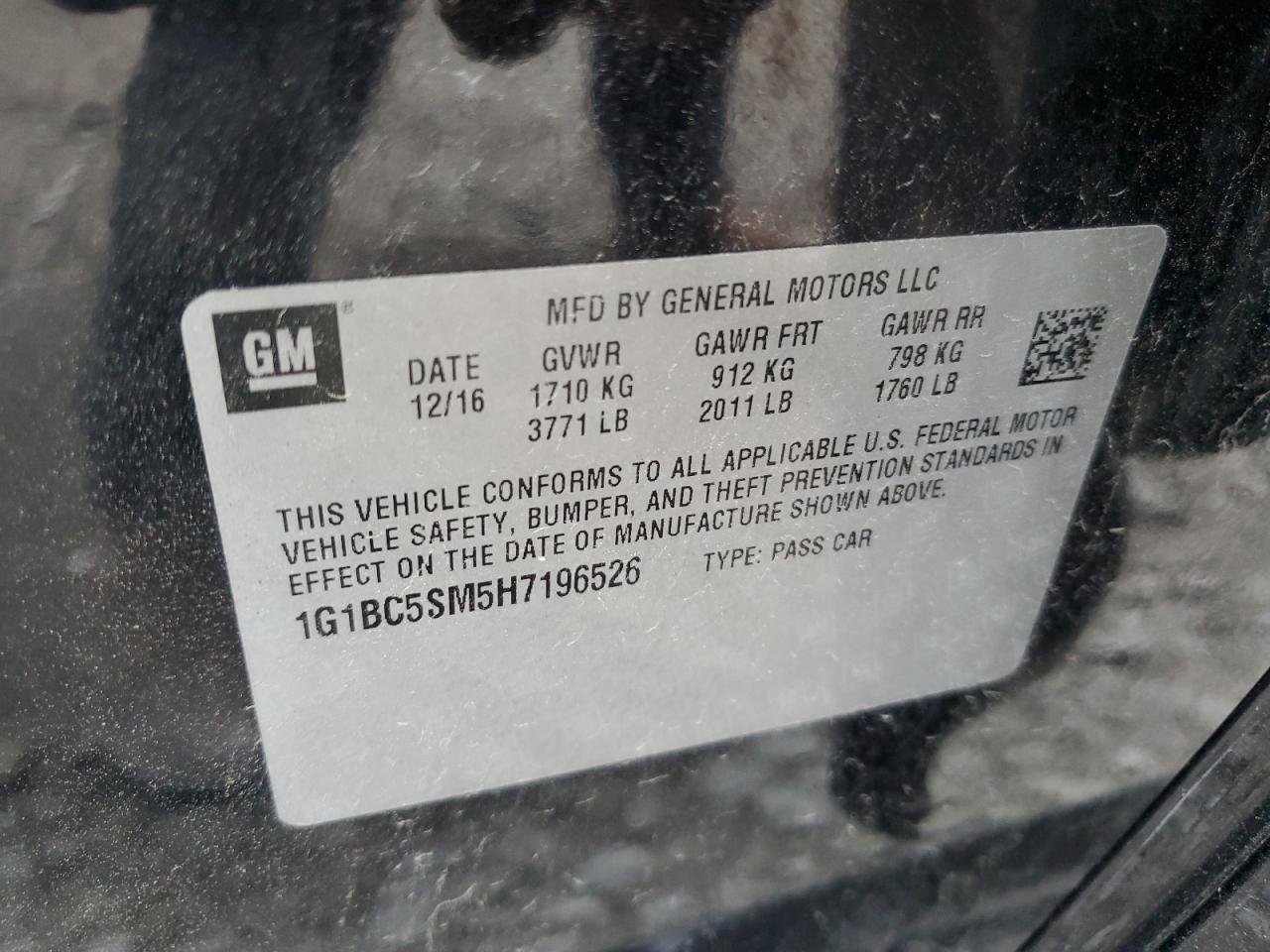 1G1BC5SM5H7196526 CHEVROLET CRUZE 2017