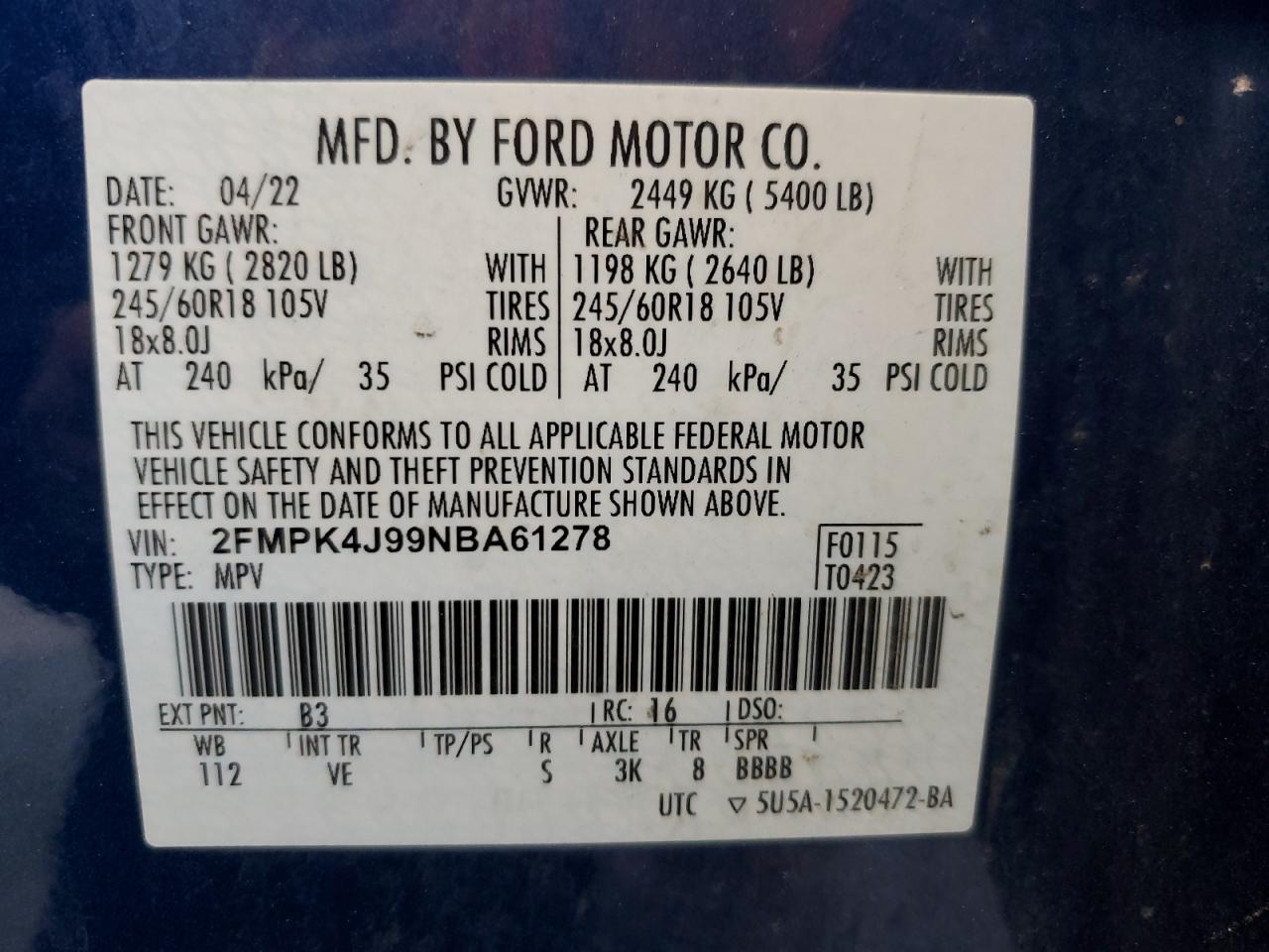 2FMPK4J99NBA61278 FORD EDGE 2022