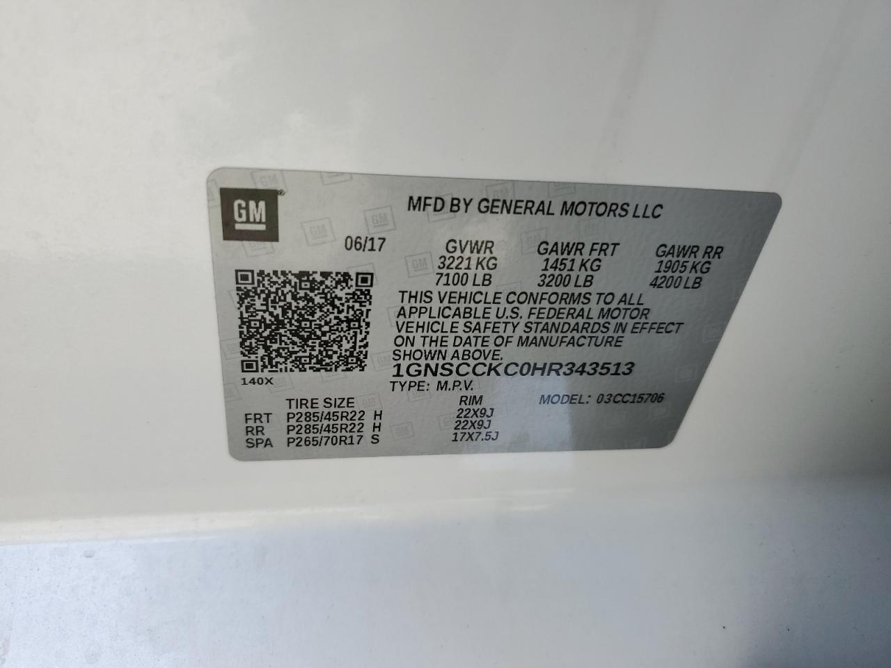 1GNSCCKC0HR343513 CHEVROLET TAHOE 2017