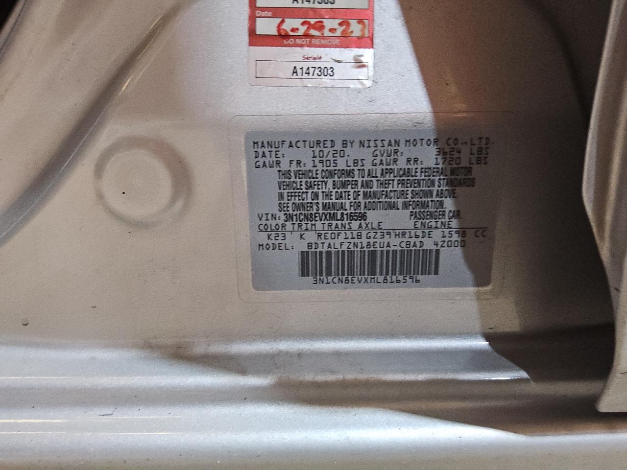 3N1CN8EVXML816596 NISSAN VERSA 2021