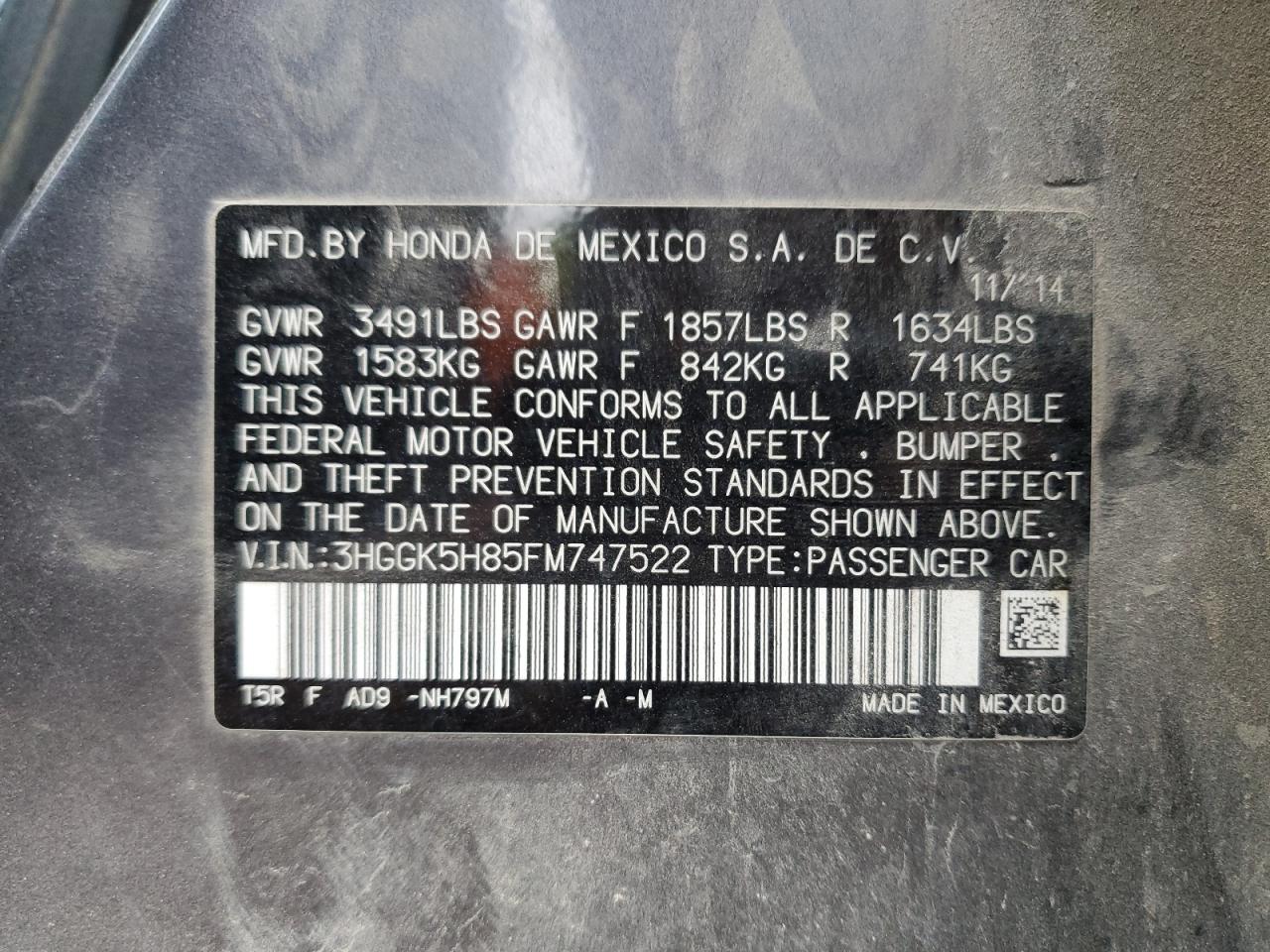 2015 Honda Fit Ex VIN: 3HGGKSH85FM747522 Lot: 51089855