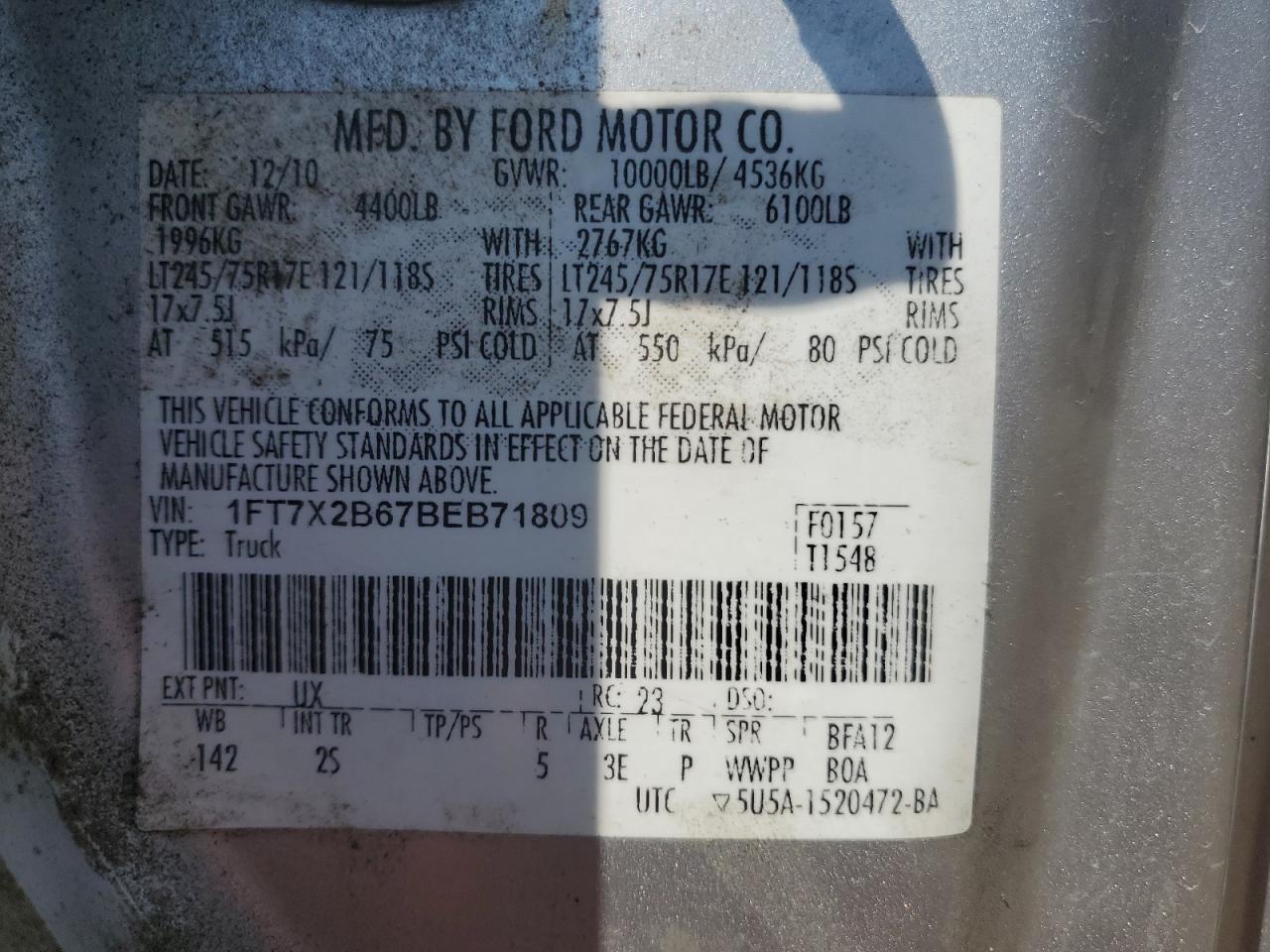 2011 Ford F250 Super Duty VIN: 1FT7X2B67BEB71809 Lot: 53055825
