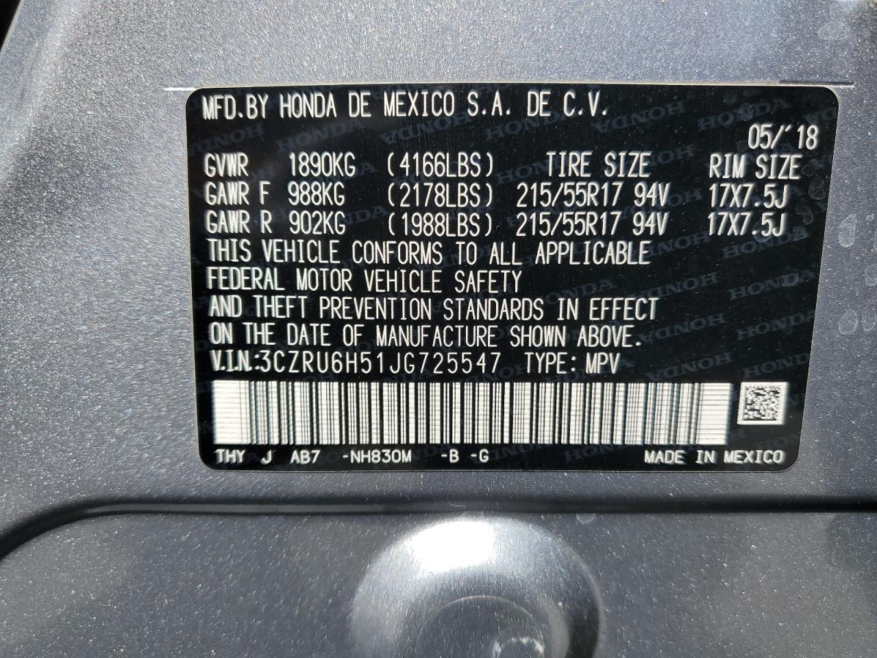 3CZRU6H51JG725547 HONDA HR-V 2018