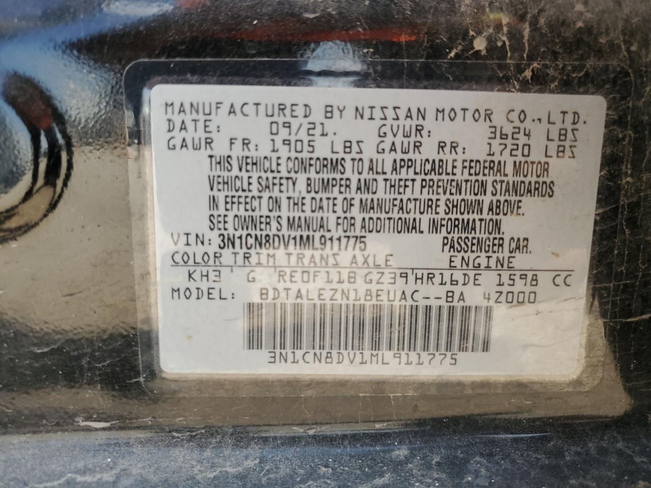 3N1CN8DV1ML911775 NISSAN VERSA 2021