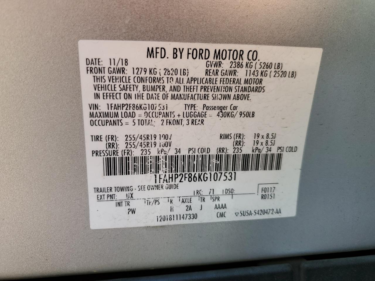 1FAHP2F86KG107531 FORD TAURUS 2019