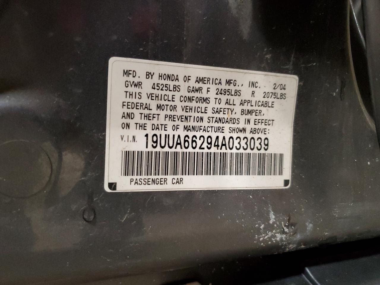 2004 Acura Tl VIN: 19UUA66294A033039 Lot: 51509295