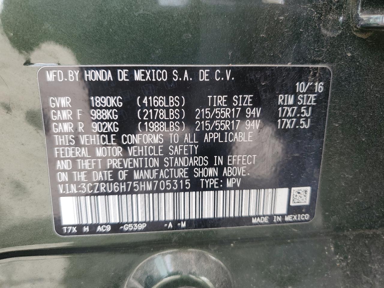 3CZRU6H75HM705315 HONDA HR-V 2017