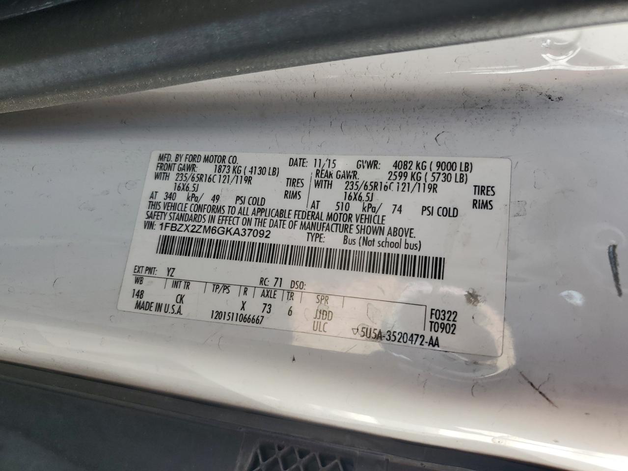 1FBZX2ZM6GKA37092 FORD TRANSIT 2016