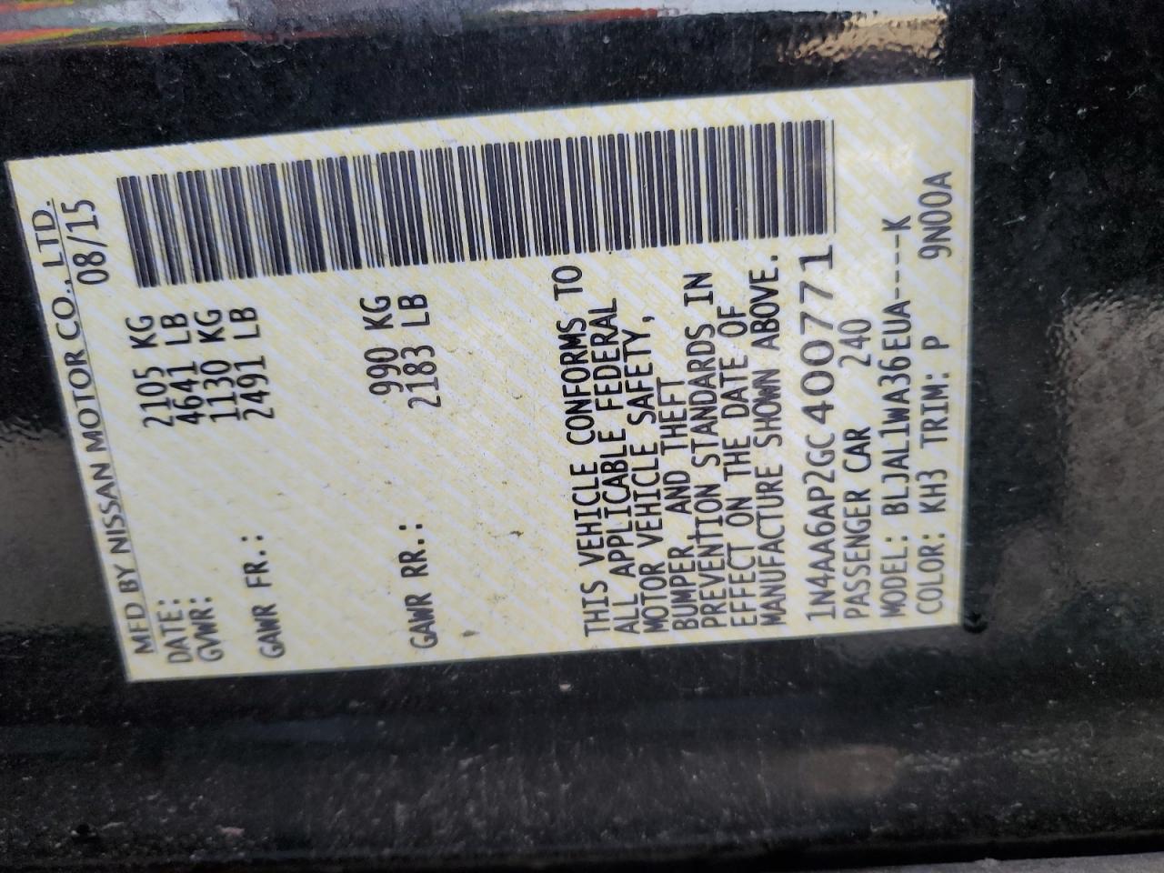 1N4AA6AP2GC400771 NISSAN MAXIMA 2016