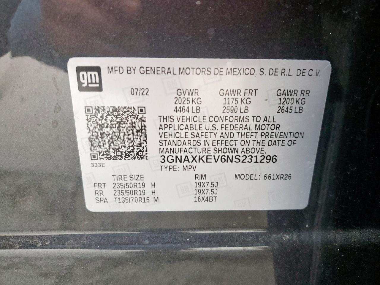 3GNAXKEV6NS231296 CHEVROLET EQUINOX 2022