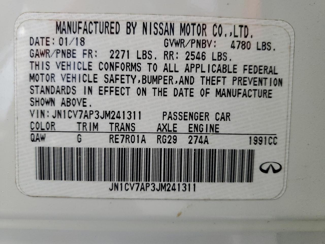 2018 Infiniti Q50 Pure VIN: JN1CV7AP3JM241311 Lot: 52963715