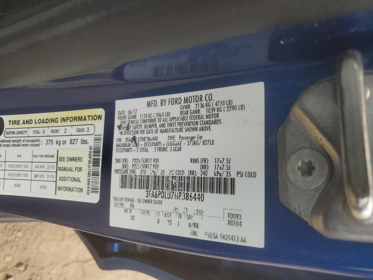3FA6P0LU7HR386440 FORD FUSION 2017