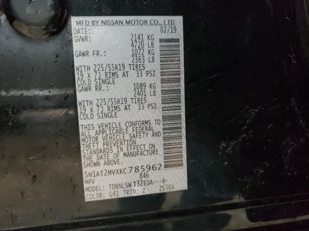 5N1AT2MVXKC785962 NISSAN ROGUE 2019
