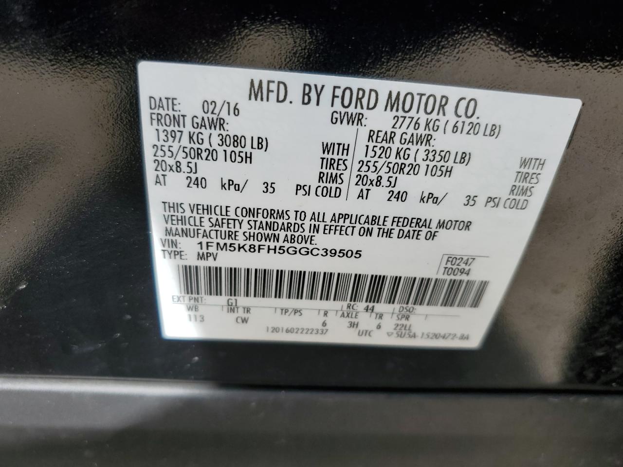 1FM5K8FH5GGC39505 FORD EXPLORER 2016
