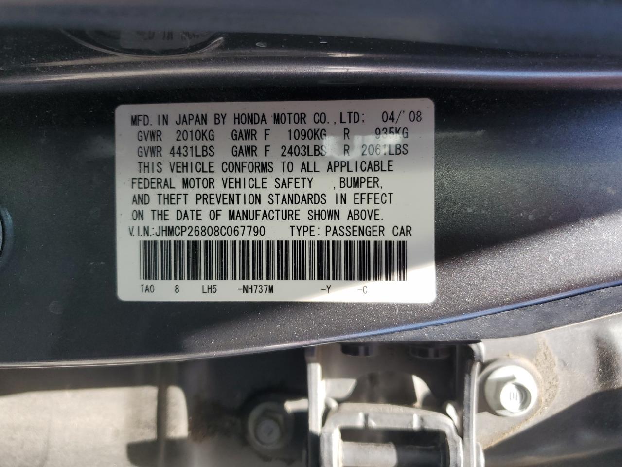 2008 Honda Accord Exl VIN: JHMCP26808C067790 Lot: 52805065