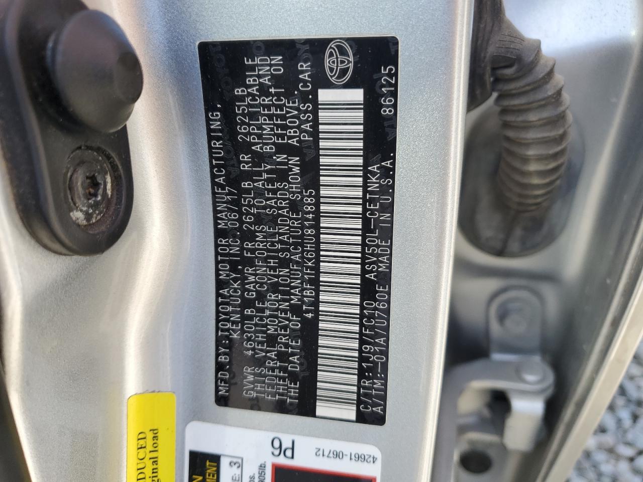4T1BF1FK6HU814885 TOYOTA CAMRY 2017