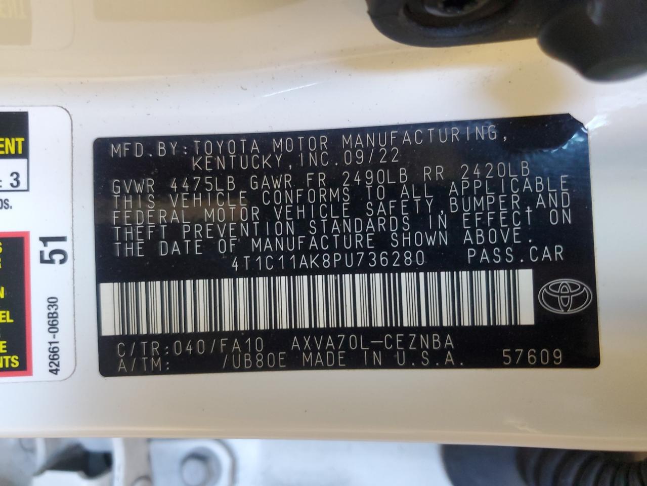 4T1C11AK8PU736280 TOYOTA CAMRY 2023