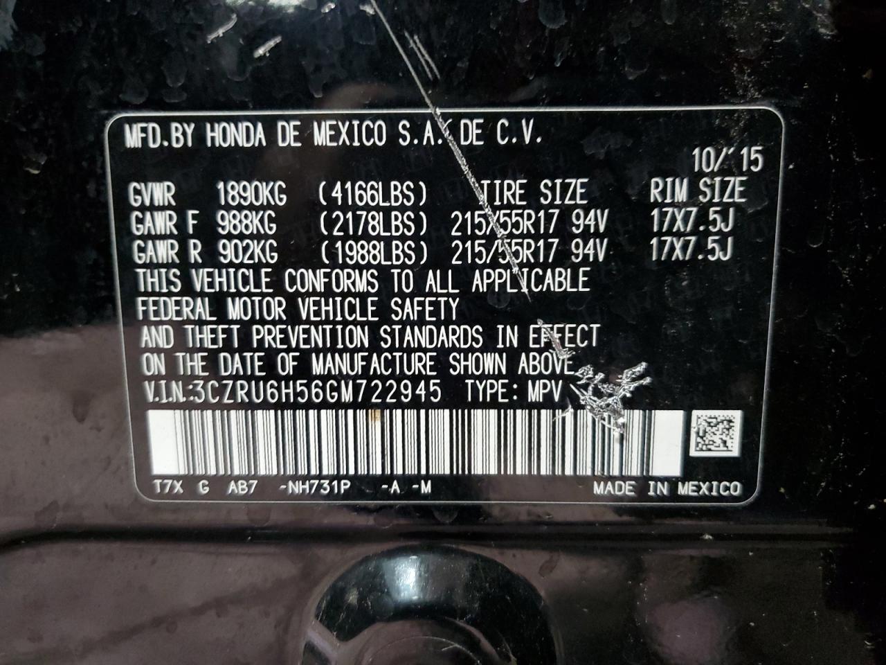 3CZRU6H56GM722945 HONDA HR-V 2016