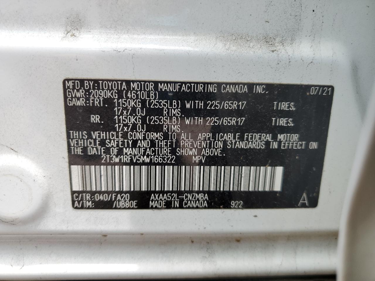 2021 Toyota Rav4 Xle VIN: 2T3W1RFV5MW166322 Lot: 54864795
