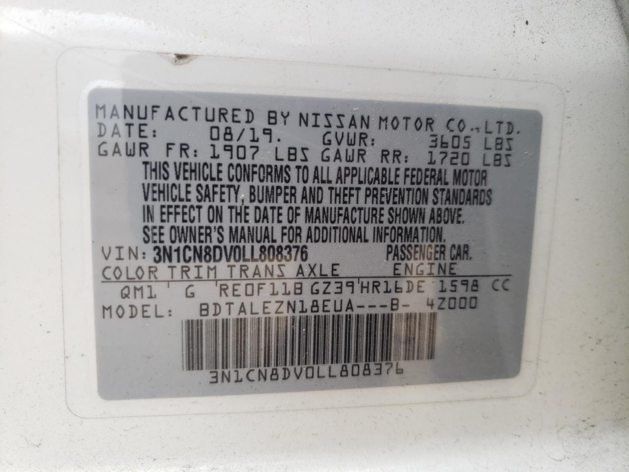 3N1CN8DV0LL808376 NISSAN VERSA 2020