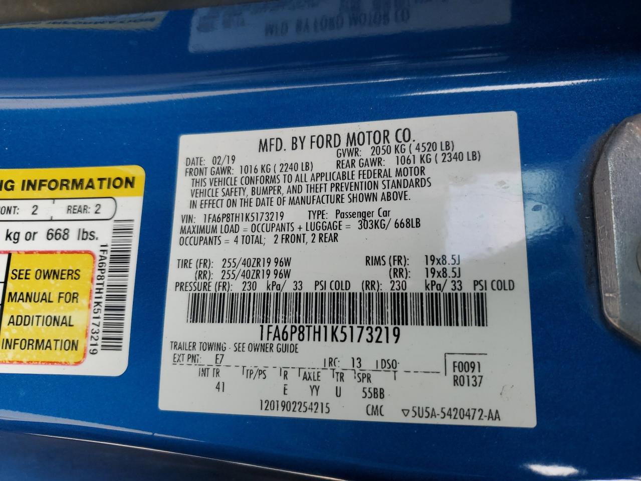 1FA6P8TH1K5173219 FORD ALL Models 2019