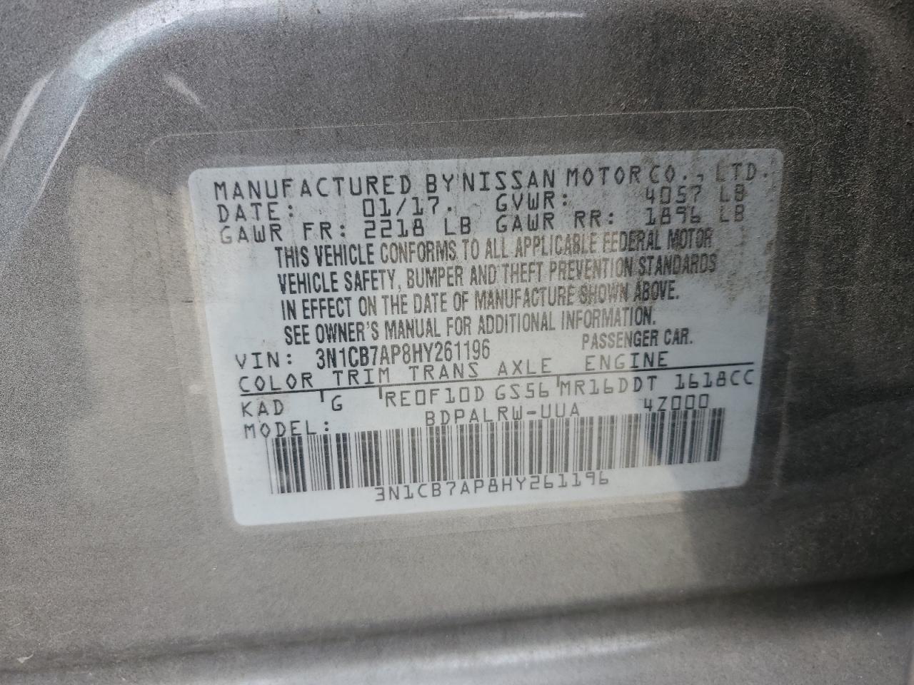 3N1CB7AP8HY261196 NISSAN SENTRA 2017