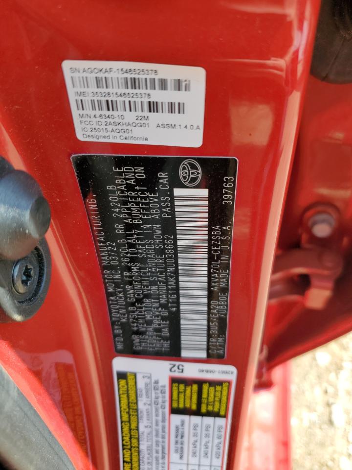 4T1G11AK7NU038662 TOYOTA CAMRY 2022
