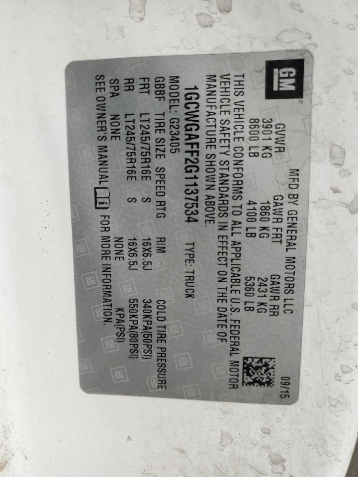 2016 Chevrolet Express G2500 VIN: 1GCWGAFF2G1137534 Lot: 52294325