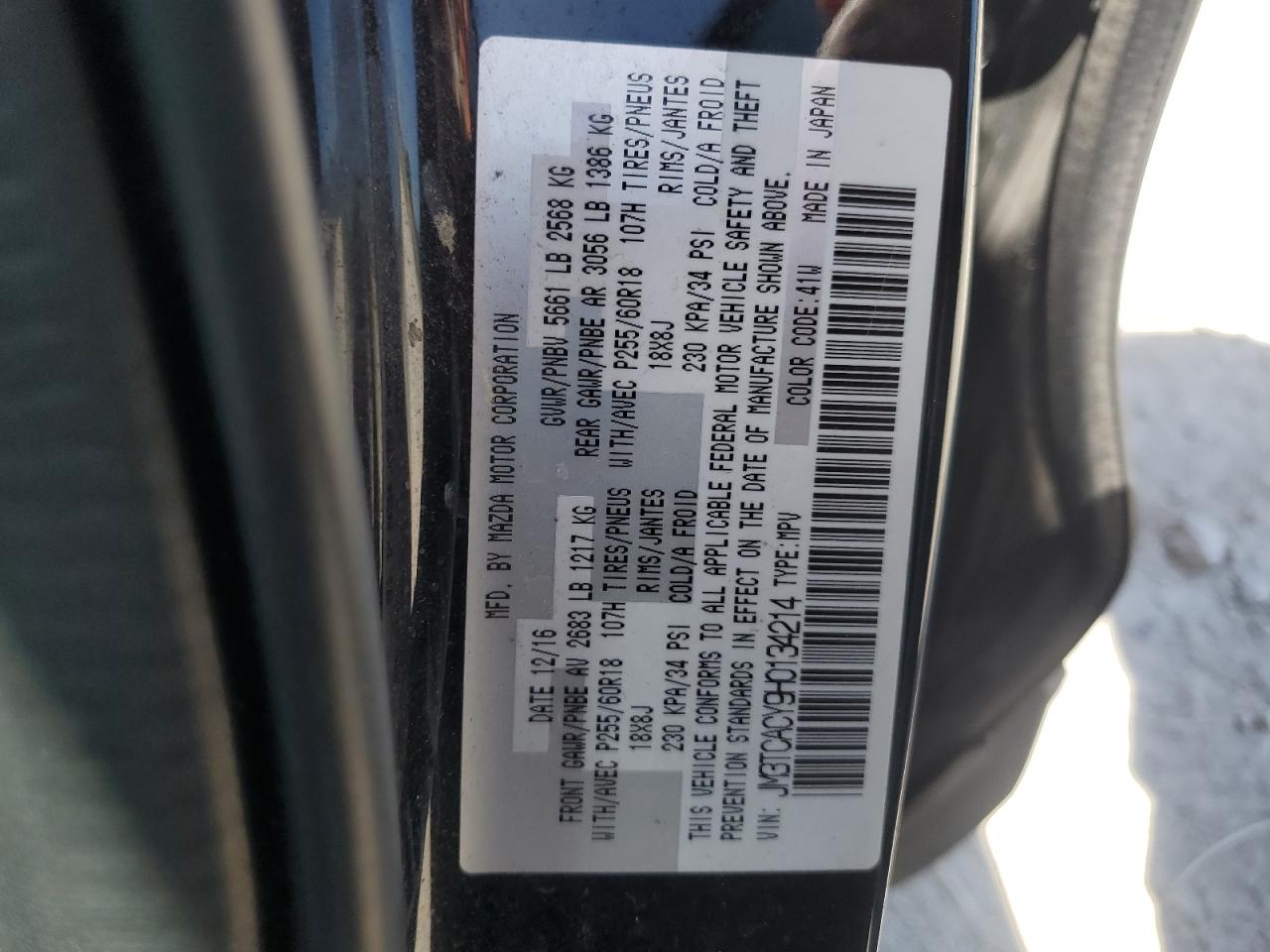 2017 Mazda Cx-9 Touring VIN: JM3TCACY9H0134214 Lot: 52952045