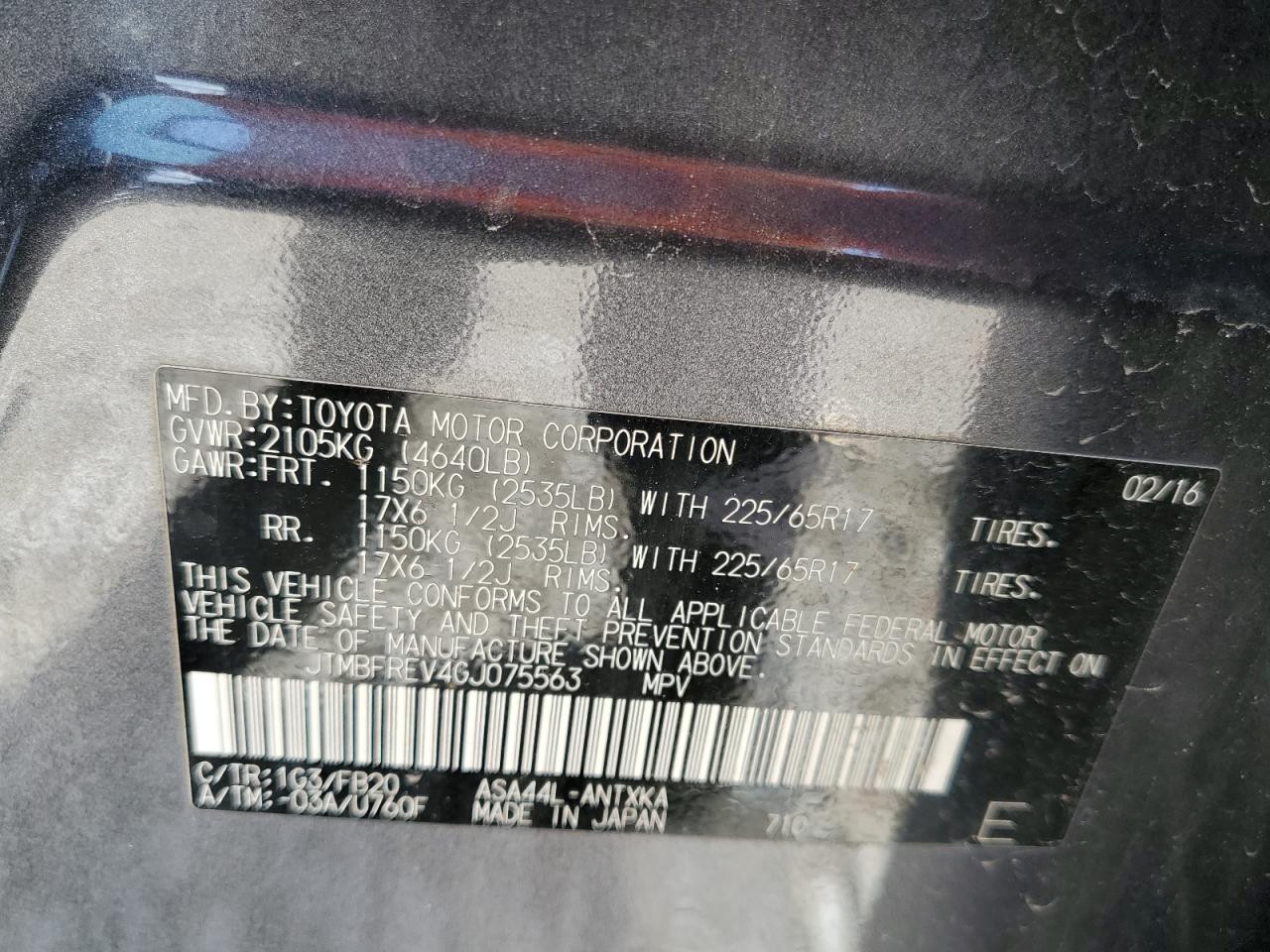 JTMBFREV4GJ075563 TOYOTA RAV4 2016
