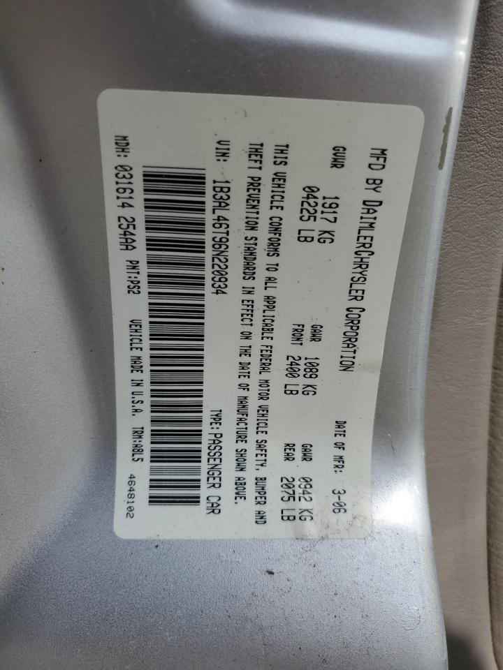 2006 Dodge Stratus Sxt VIN: 1B3AL46T96N220934 Lot: 54991035