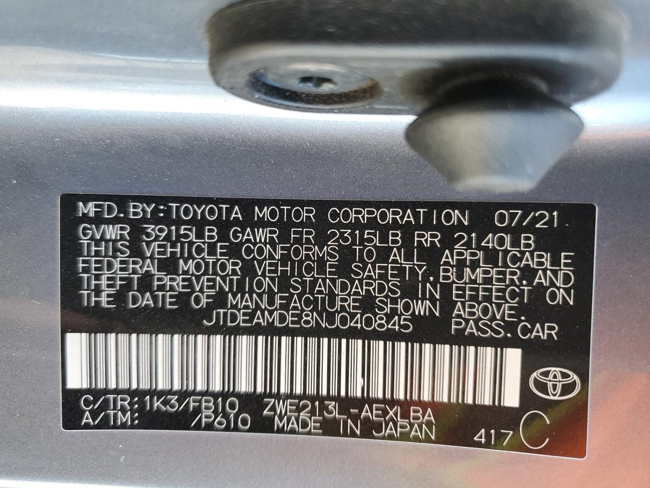 2022 Toyota Corolla Le VIN: JTDEAMDE8NJ040845 Lot: 54923305