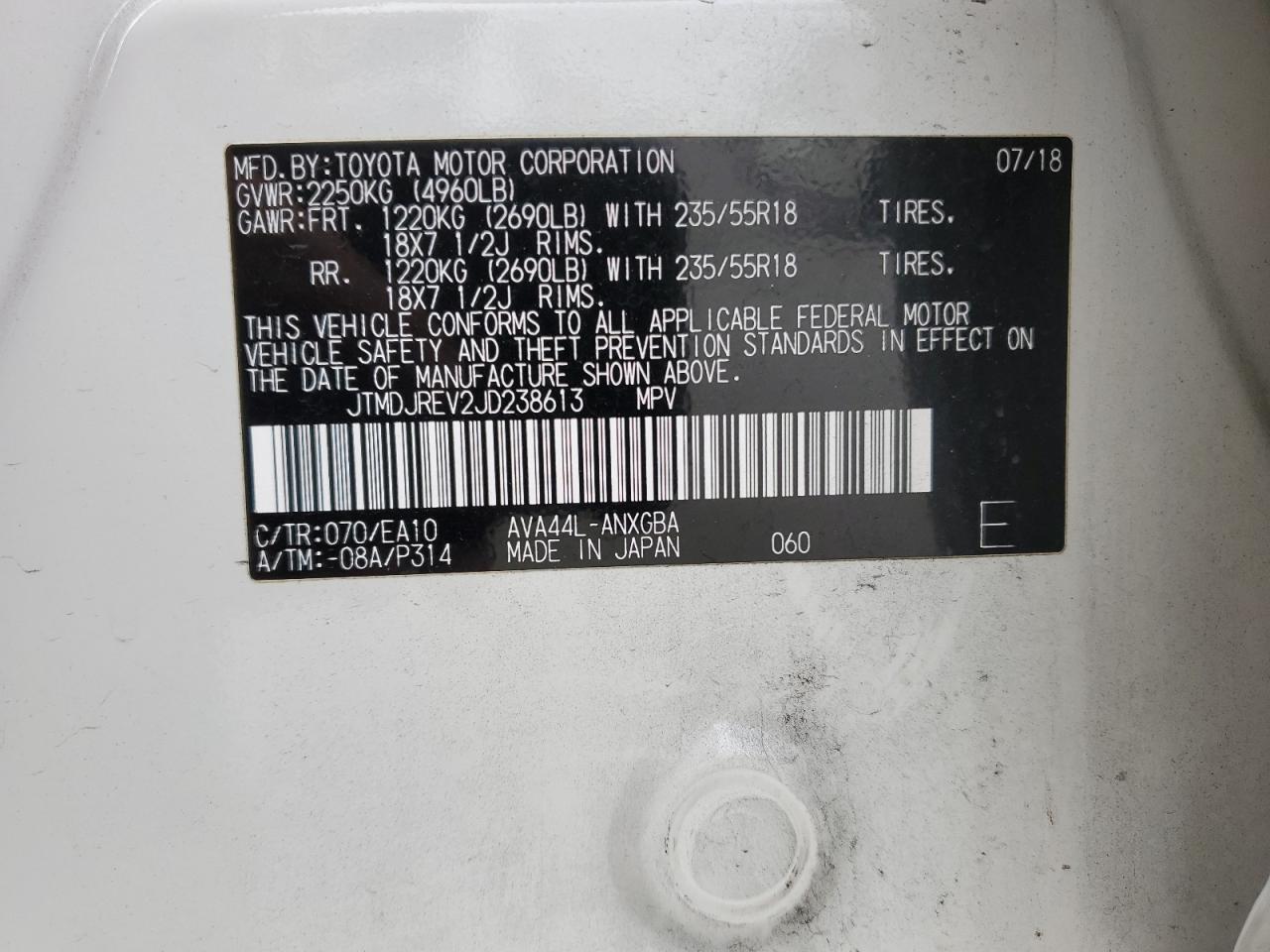 JTMDJREV2JD238613 TOYOTA RAV4 2018