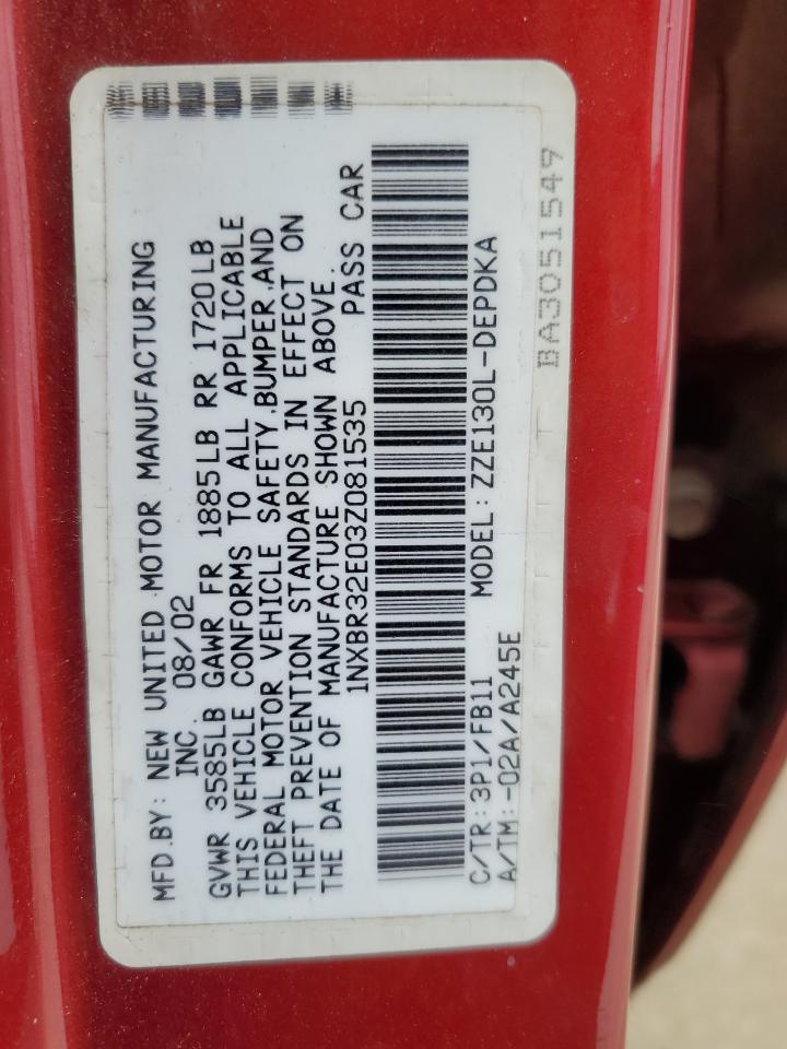 2003 Toyota Corolla Ce VIN: 1NXBR32E03Z081535 Lot: 52988885