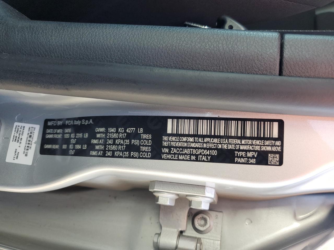 2016 Jeep Renegade Latitude VIN: ZACCJABT8GPD64100 Lot: 55092835