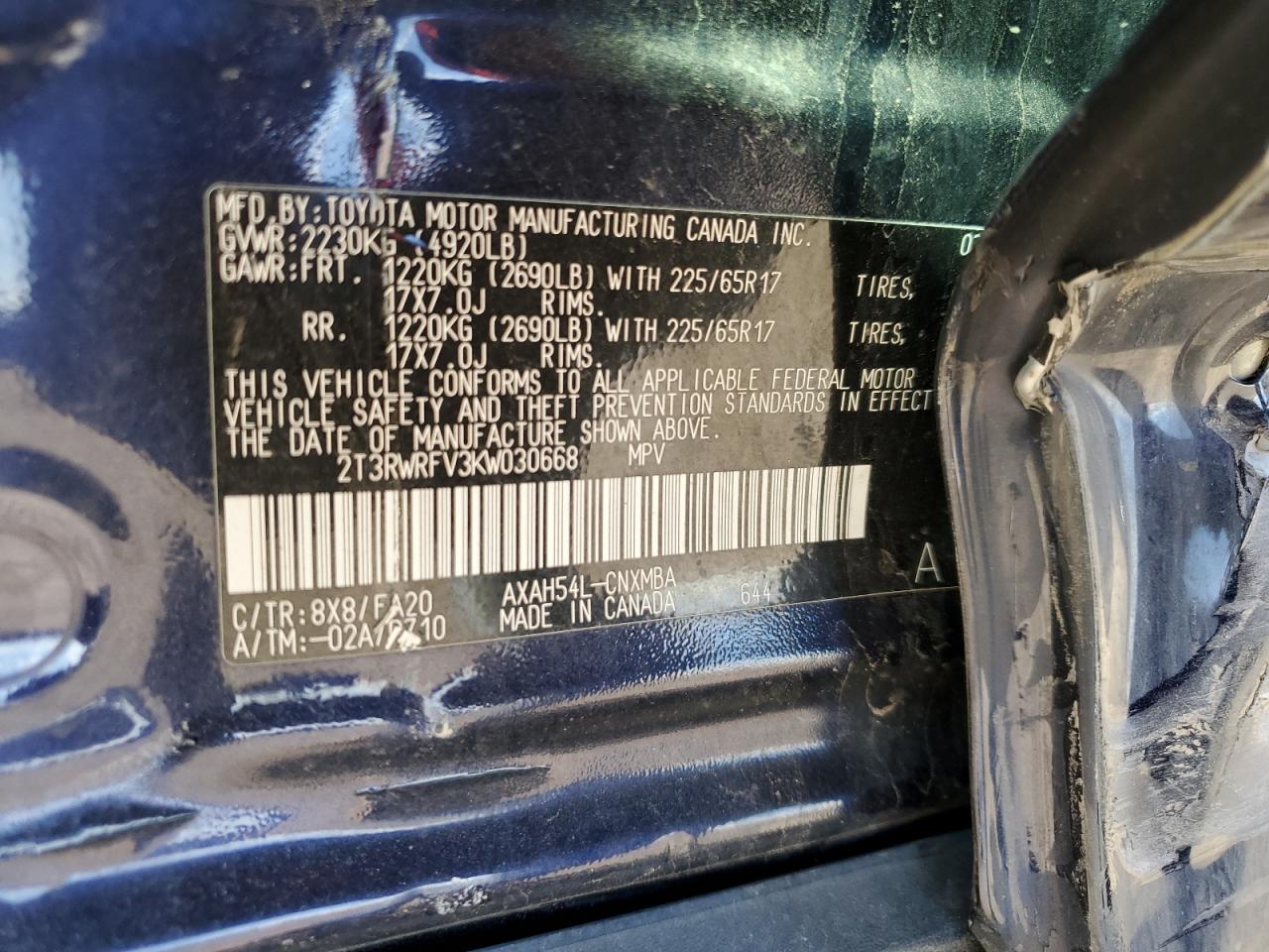 2T3RWRFV3KW030668 TOYOTA RAV4 2019