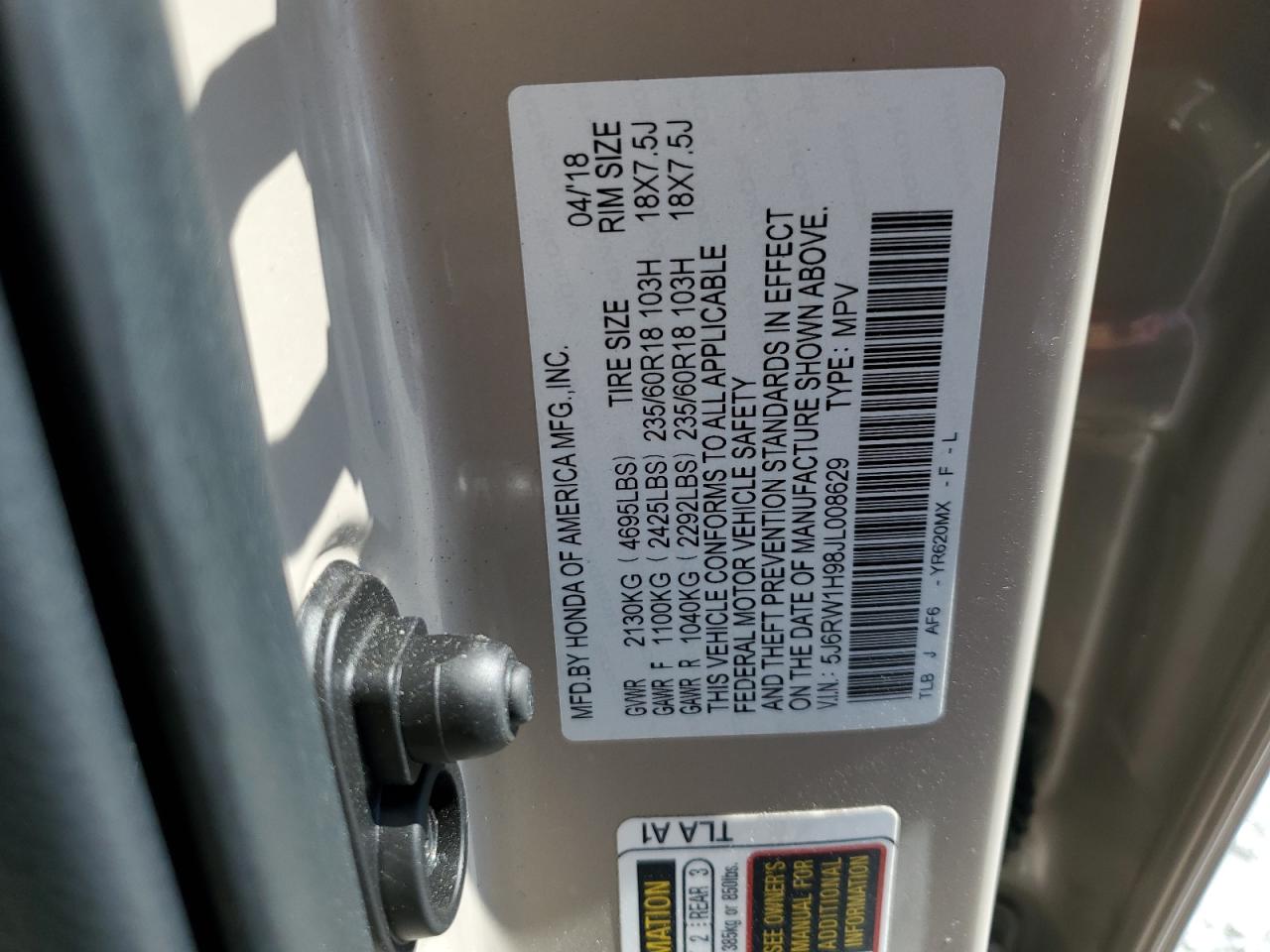 5J6RW1H98JL008629 HONDA CRV 2018