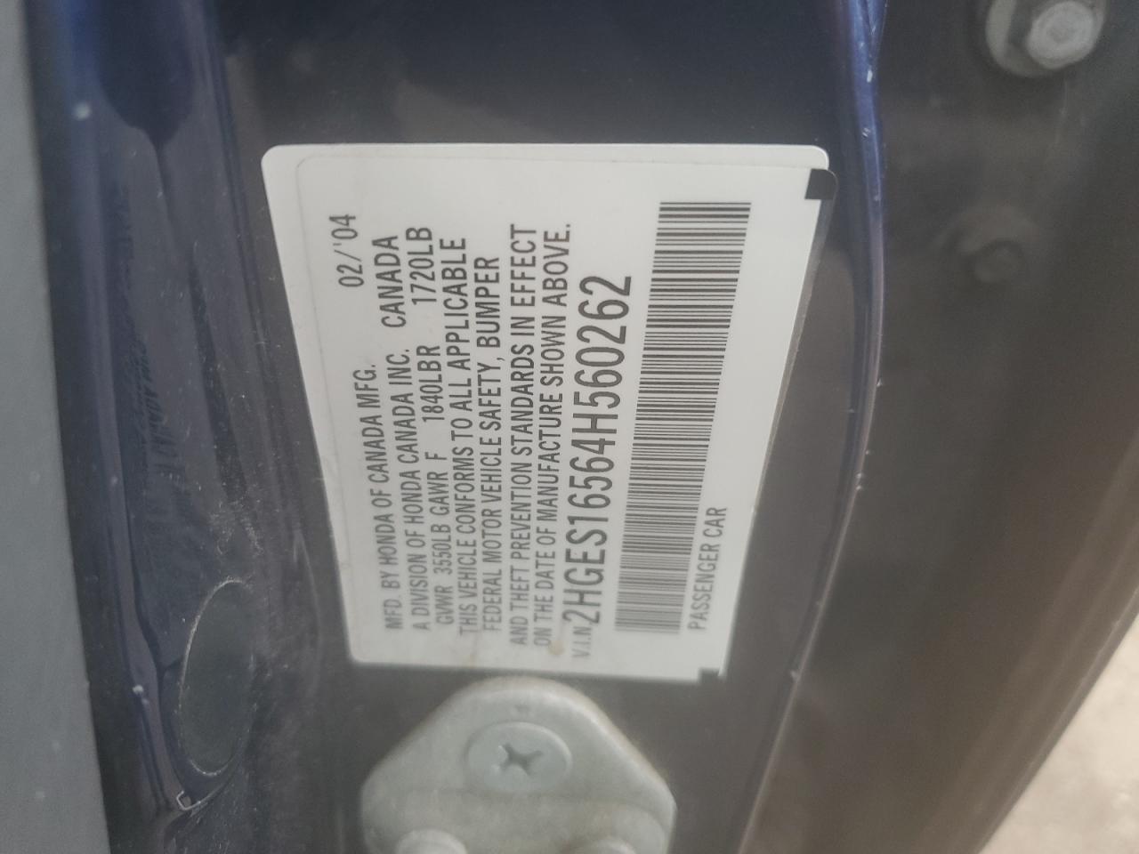 2004 Honda Civic Lx VIN: 2HGES16564H560262 Lot: 52219705